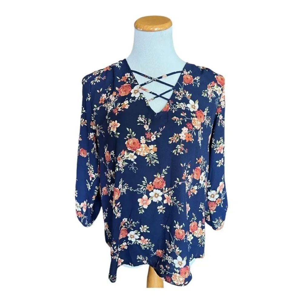 Womens Sweet Rain Floral Criss Cross Flowy Top Blouse - Sz M